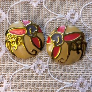 Vintage Gold Tone Red Cream Enamel Abstract Butterfly Round Stud Earrings 80s